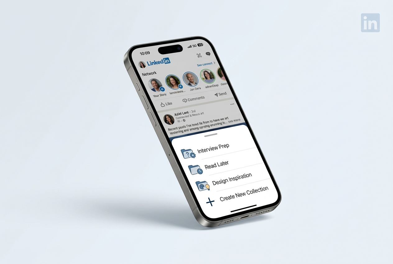 LinkedIn Smart Collections shown on a floating mobile phone